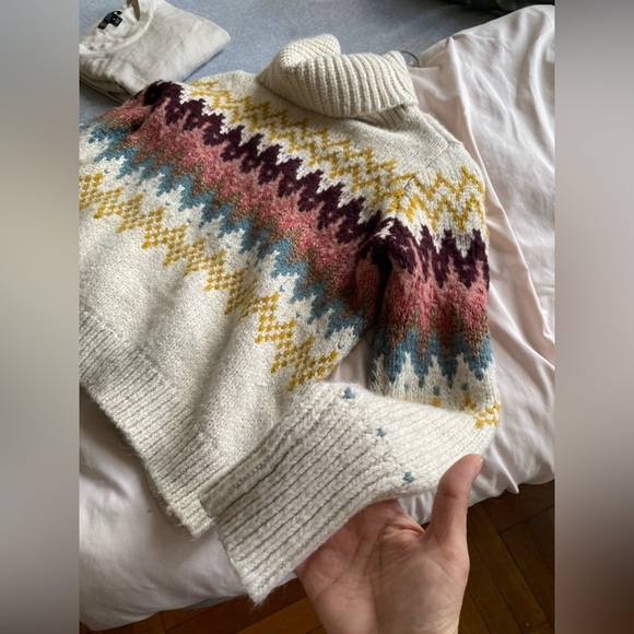 LOFT Cream Multicolor Chevron Turtleneck Sweater Petites Aztec Western - XSP - Picture 4 of 8